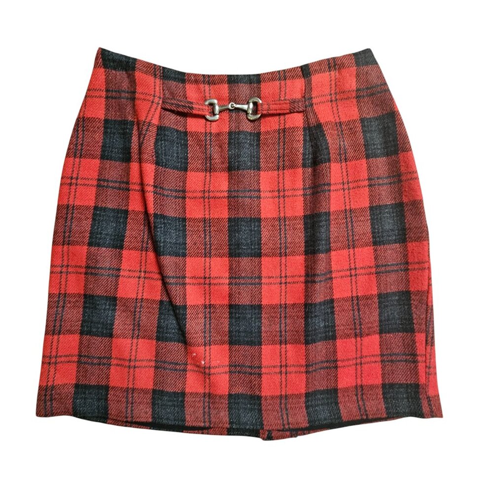 Hillard & Hanson Wool Blend Red Black Plaid Skirt Horsebit 28 Prep Grunge